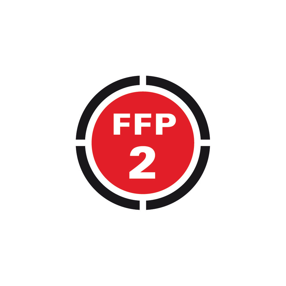 Zielsymbol, roter Kreis, weißer Text, FFP2, rundes Abzeichen