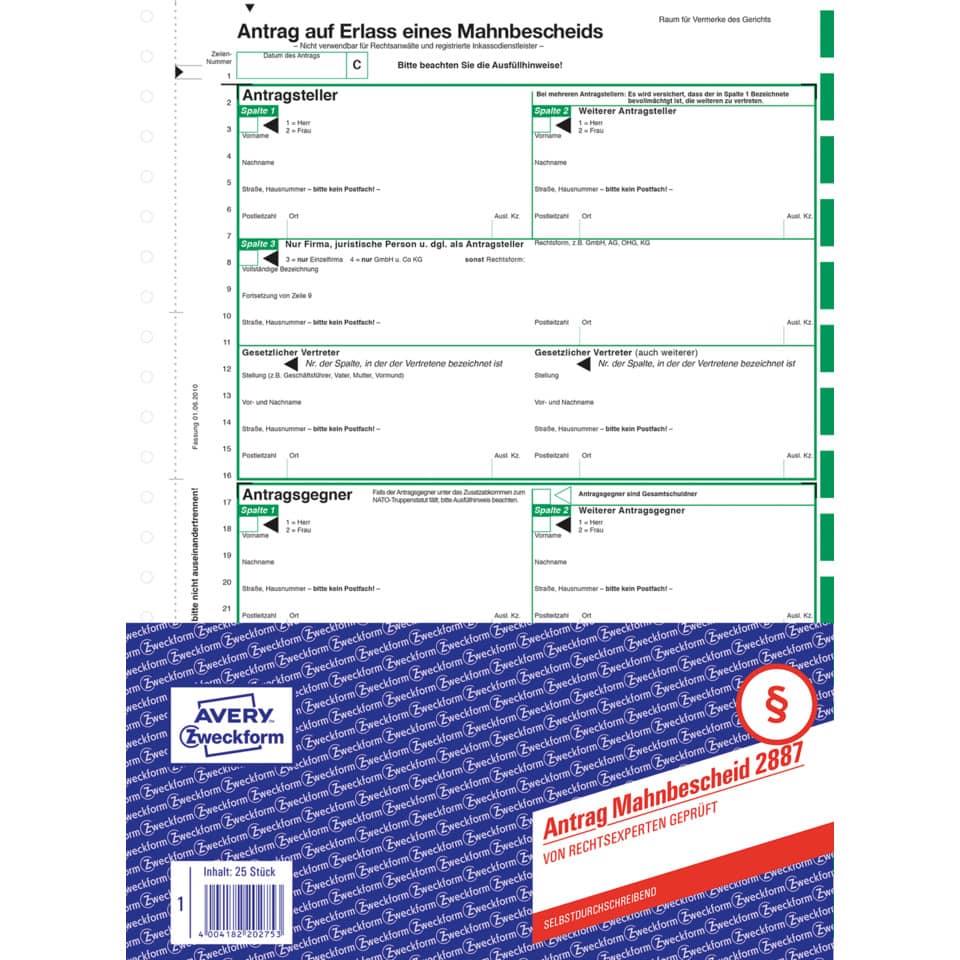 Mahnblatt, Antrag, Papierformular, Avery Zweckform, Musterformular