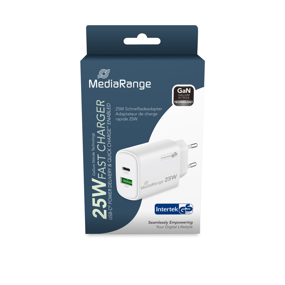 25W USB-C Ladegerät, Schnellladung, GaN-Technologie, weißes Ladegerät, zwei USB-Anschlüsse