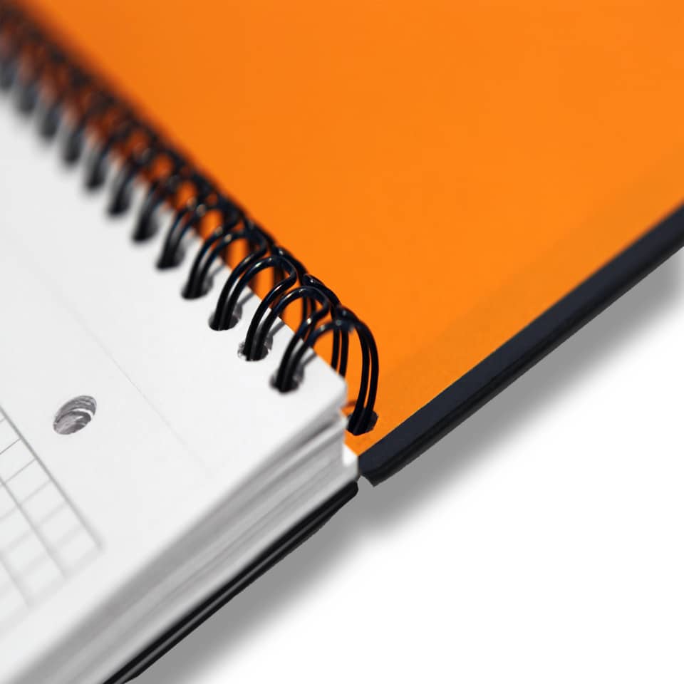 spiral notebook, orange cover, wire-bound, ring binder, notebook edge