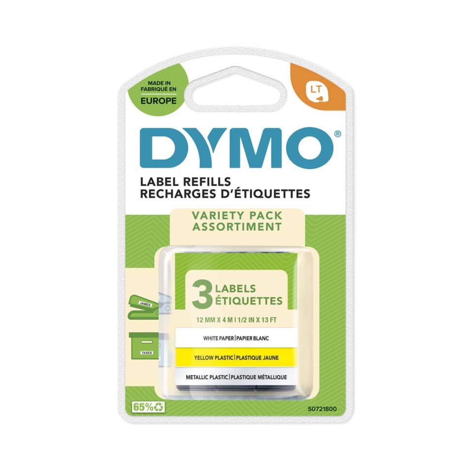 Label Refills, 3 Labels, Weißes Papier, Gelbes Plastik, Sortiment Pack