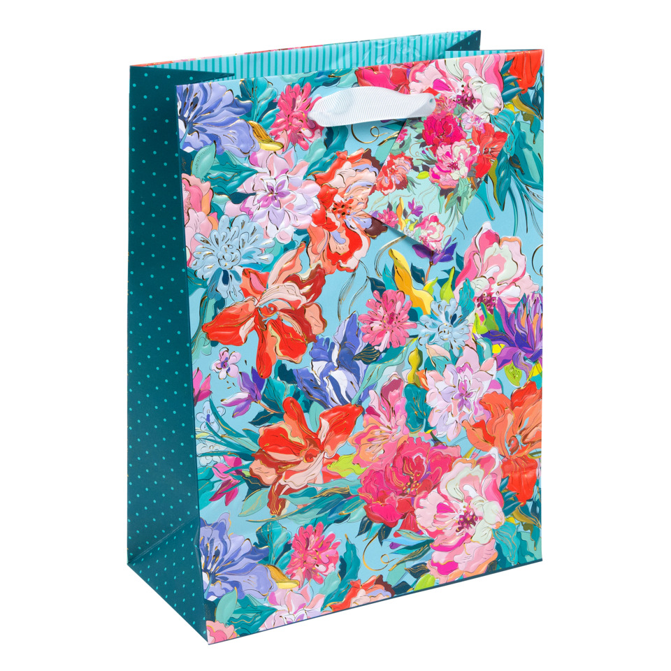 Geschenktüte, Blumenmuster, Papiertragetasche, bunte Blumen, Tragegriff