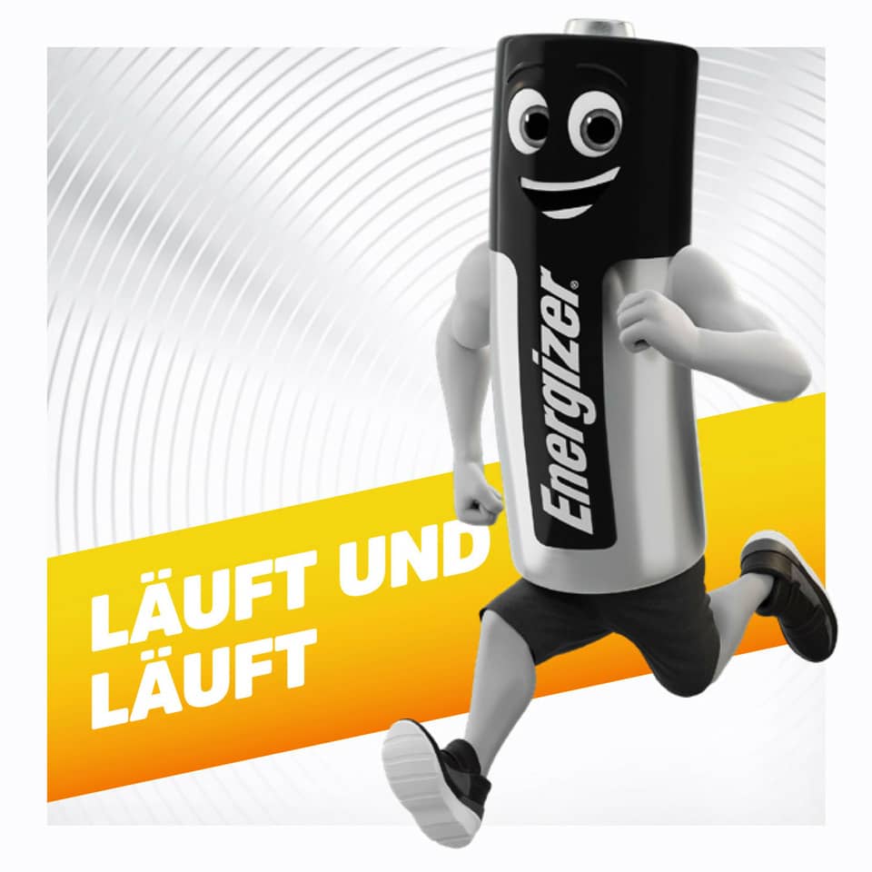Bleistift-Logo, Energizer, Laufender-Charakter, Laufband, Gummiertes-Logo