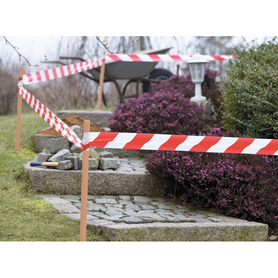 baustelle, absperrband, gartenpfad, steine, hecke