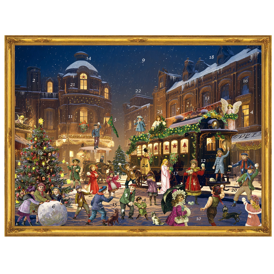 adventskalender, festliche szene, weihnachtsdörfchen, schneebedeckte straße, menschenmenge