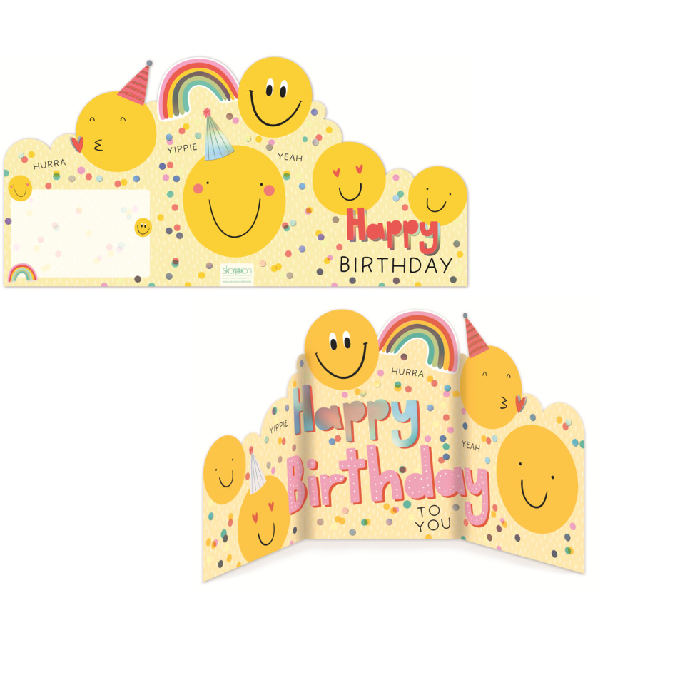 Happy Birthday, Karte, Smiley, Konfetti, Regenbogen