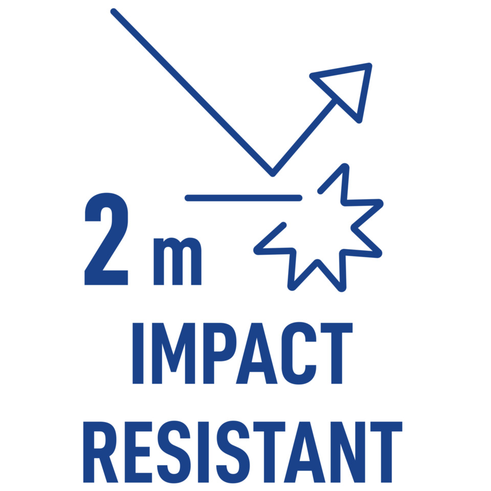 2m, impact resistant, drop icon, arrow, star