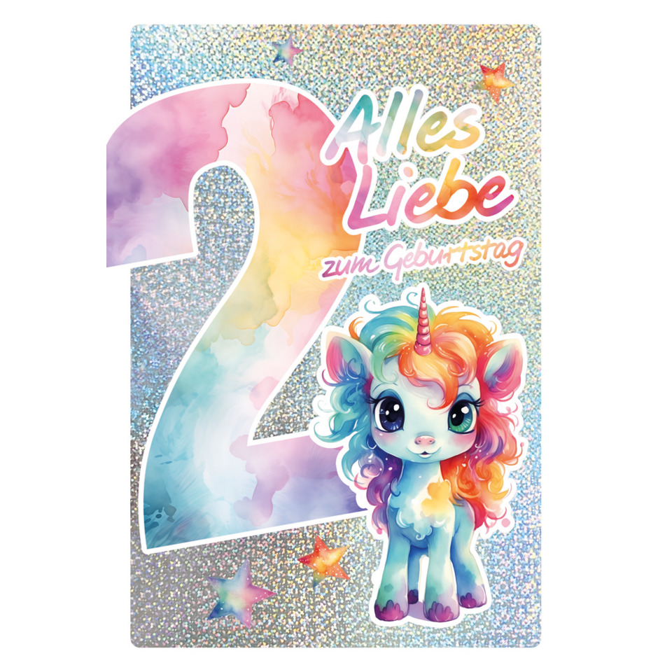 geburtstag, 2 jahre, unicorn, glitzer, kartenbild