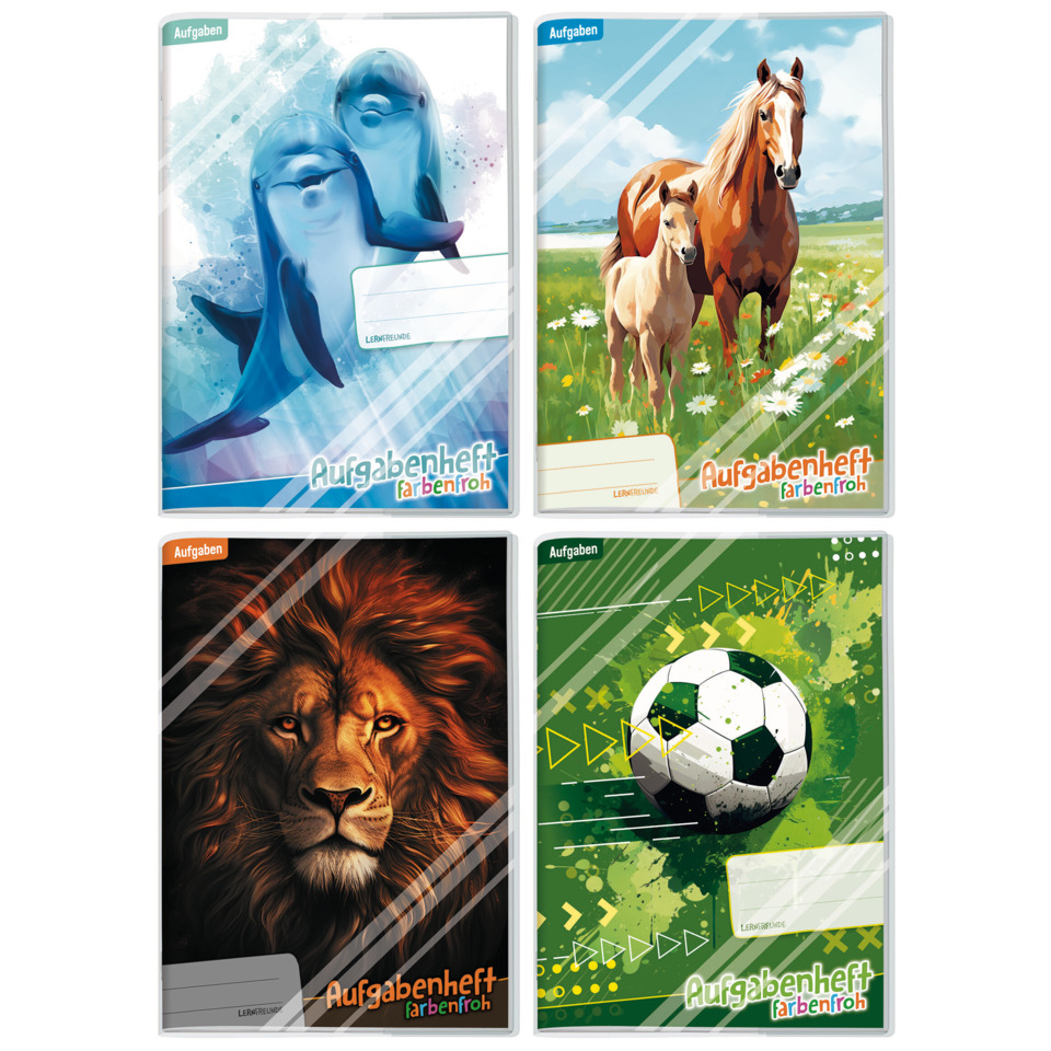 notebooks, dolphins, horses, lion, soccer ball
