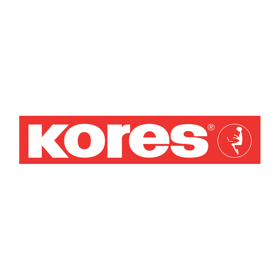 Kores Logo, Markenlogo, Rotes Banner, Weißer Text, Rundes Emblem