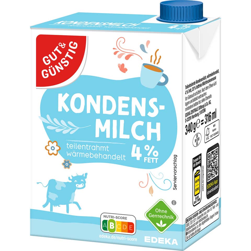 Kondensmilch, 4% Fett, teilentrahmt, wärmebehandelt, ohne Gentechnik