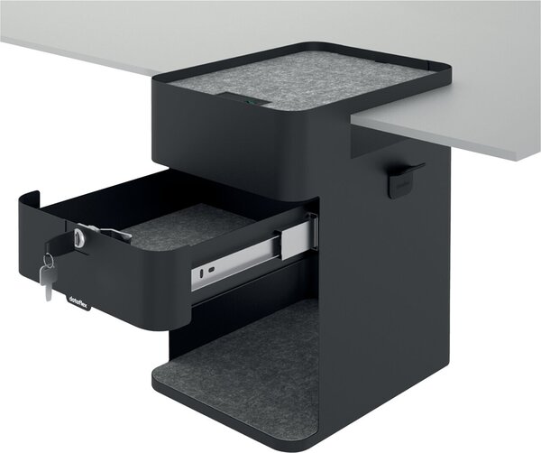 Desktop locker 503, Soft-Close Schublade mit Filzeinlage, Stahlklammer zum befestigen, zusätzlich ein offenes Fach, schwarz