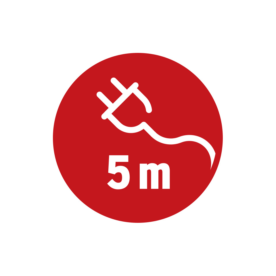 5 m, dangerous electrical, cord length, plug icons, circular sign