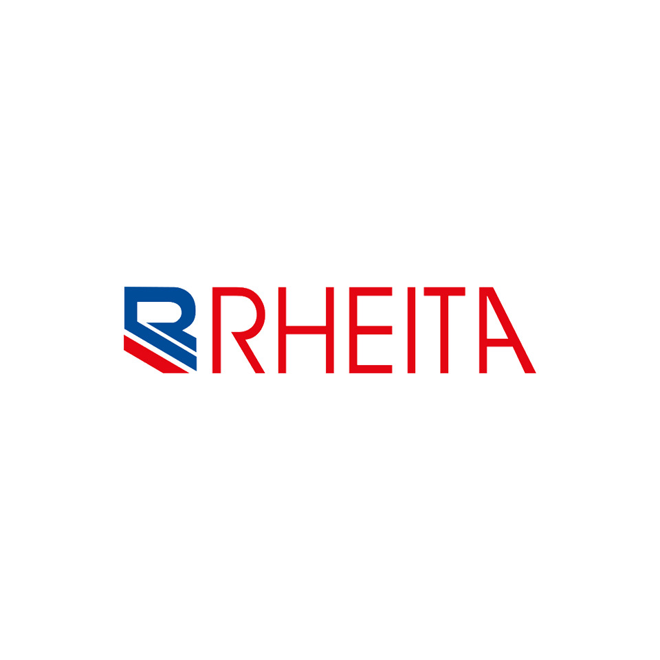 logo, RHEITA,  Markenlogo, rote Schrift, blaues Emblem
