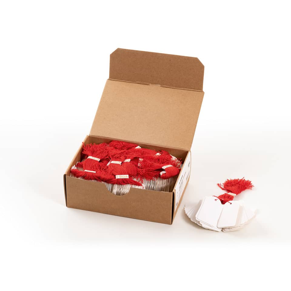 Box, rote Quasten, Schilder, Verpackung, Labelkarten