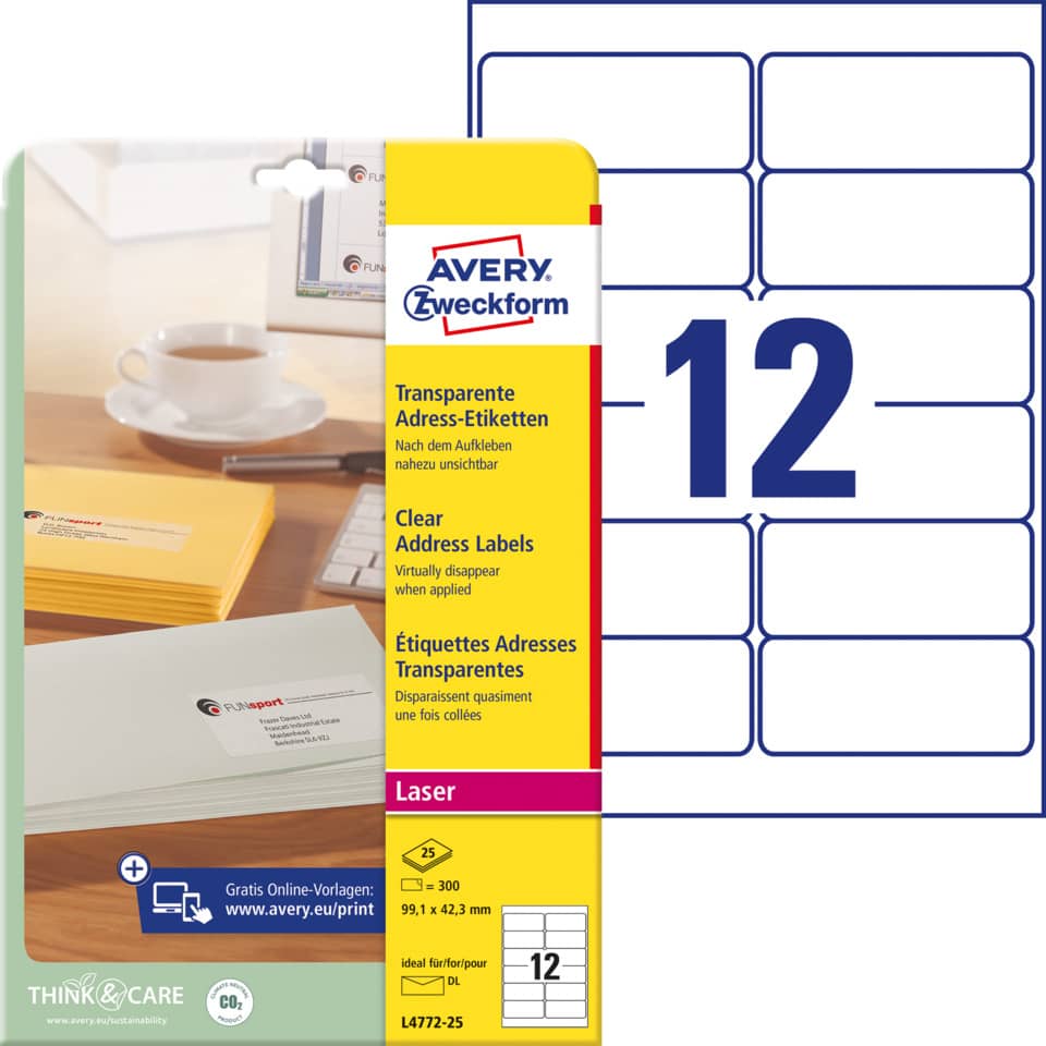Etiketten, Adressetiketten, Transparent, Laser, 1200 Adressetiketten