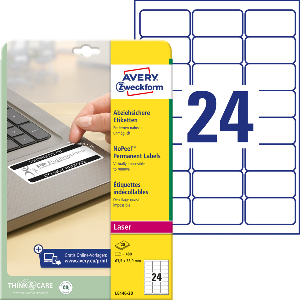 Etiketten, Permanent Labels, Laser, 24 Stk, Klebeetiketten, Etiketten, Permanent Labels, Laser, L 63,5 x 33,9 mm, Avery Zweckform