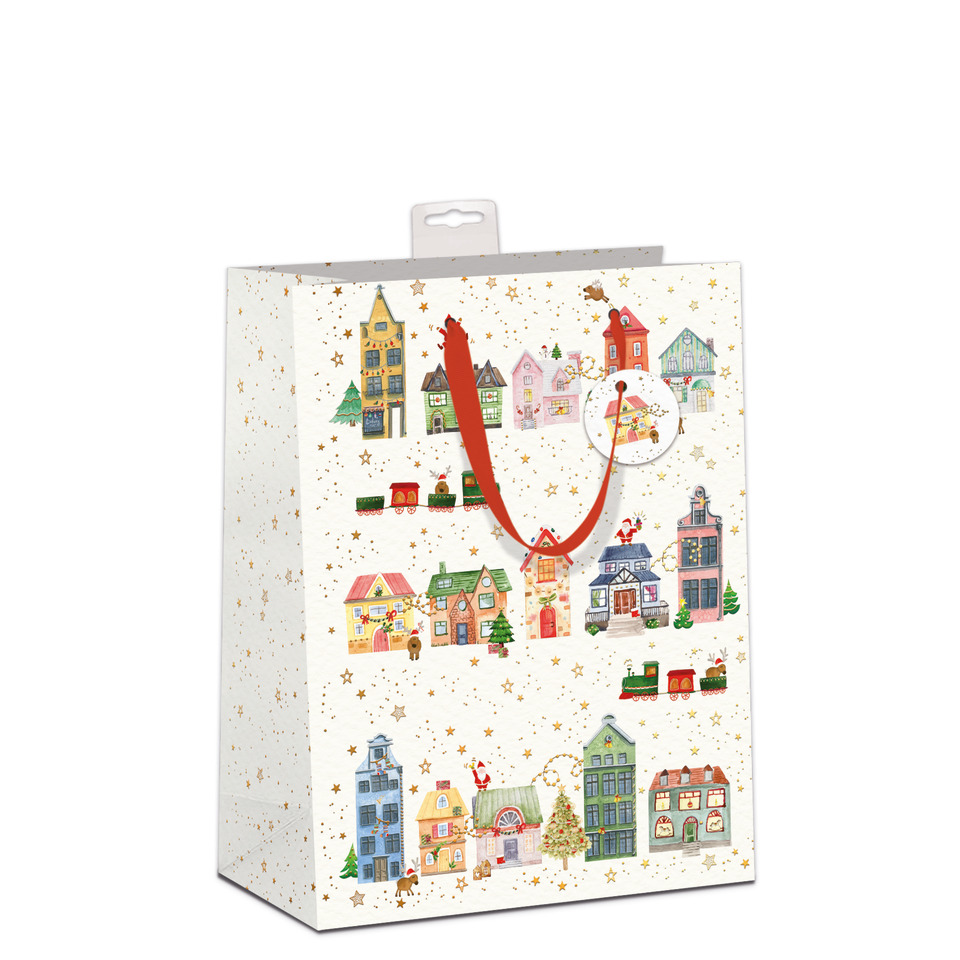 Geschenkverpackung, Weihnachtsdorf, Stadtansicht, Geschenktasche, Rotes Band