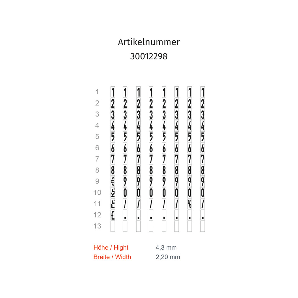 Artikelnummer, Preis, Größentabelle, Höhe, Breite