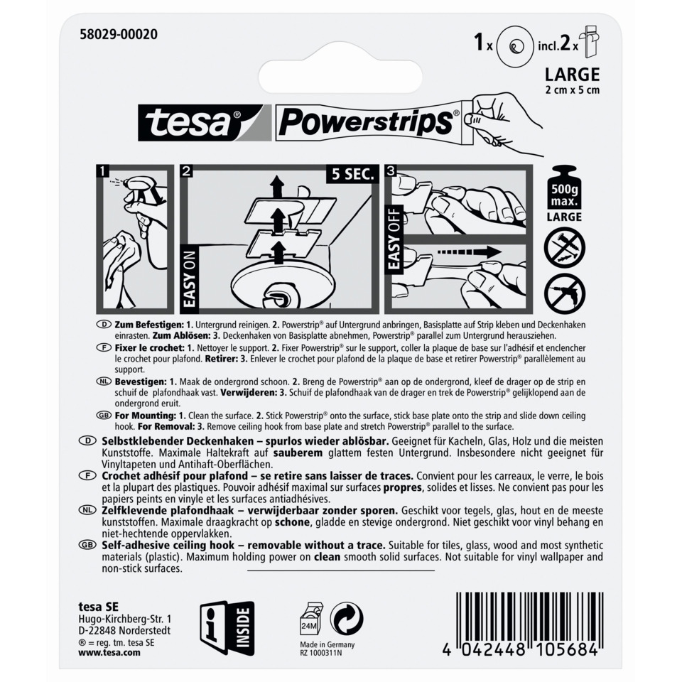 Powerstrips, Selbstklebend, Deckenhaken, Groß 2x5 cm, Montageband