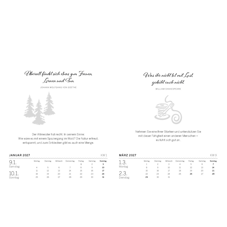 Kalender, Kalenderblatt, Monatliche Kalender, Januar 2027, März 2027