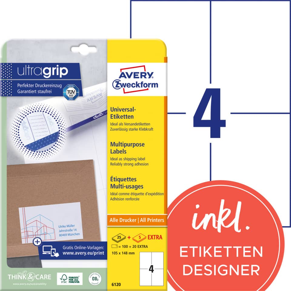etiketten, Universallelabels, Multifunktionale Klebekraft, Avery Zweckform, Druckereinlage