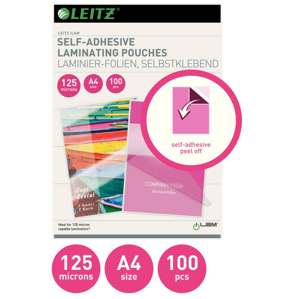 laminating pouches, selbstklebend, A4, 125 Mikron, 100 Stck