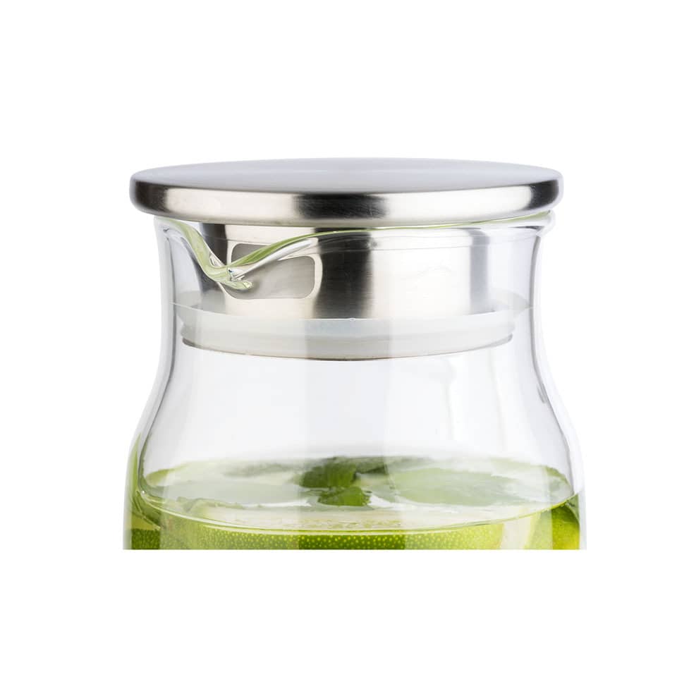 glasgefäß, aufgussbehälter, tee-infuser, stainless steel deckel, grüne flüssigkeit