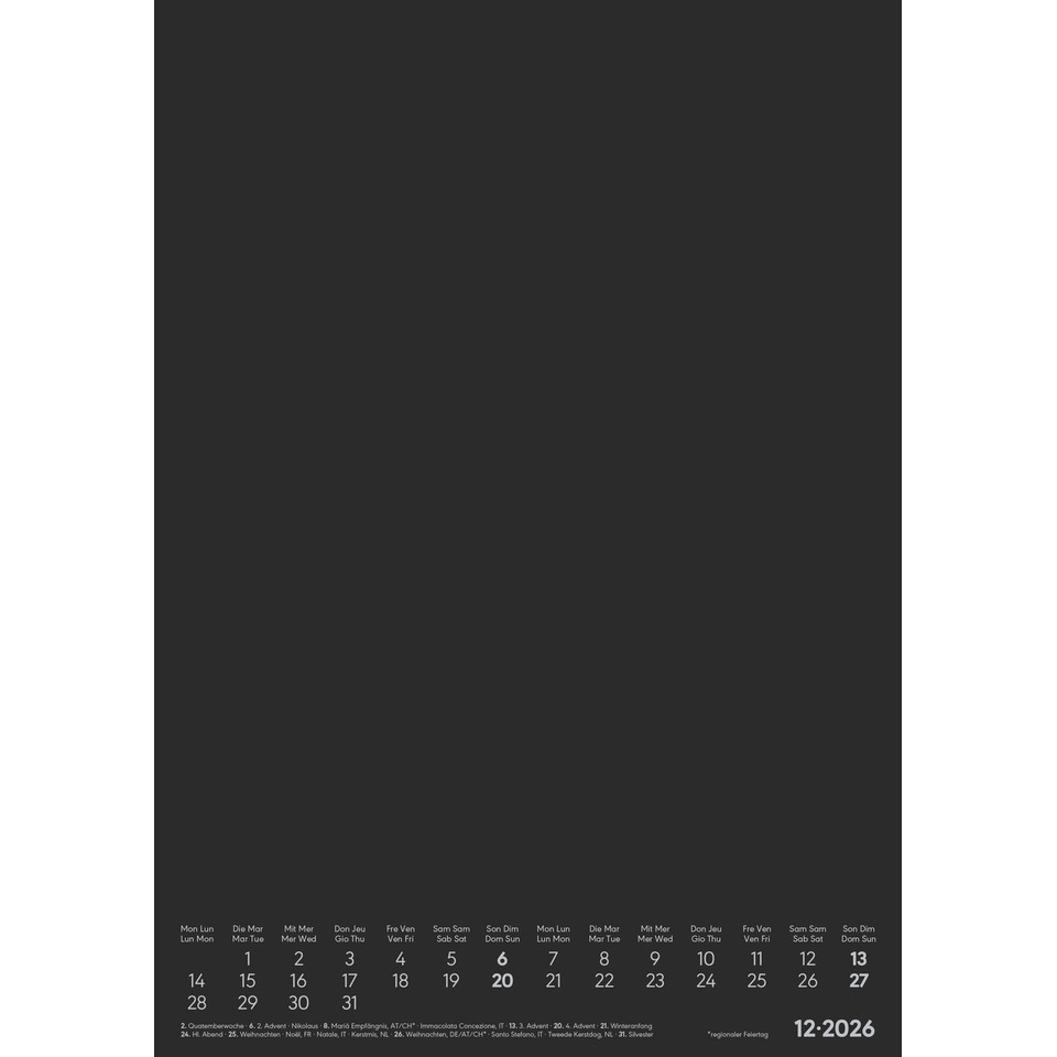Kalender, Monatliches Kalenderblatt, Jahreswechsel, Dezember 2026, Monat Dezember