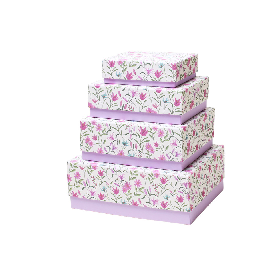 Geschenkboxen, Stapelboxen, Blumenmuster, Pastelllila, Papierverpackung
