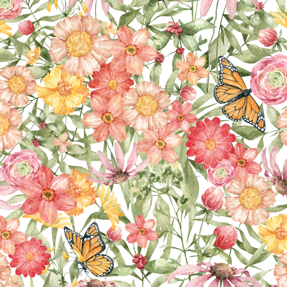 Floral pattern, Blumen, Schmetterling, Naturprint, Wasserfarben-Design