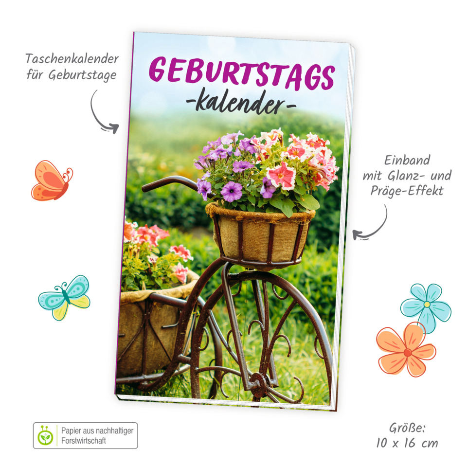 Taschenkalender, Geburtstagskalender, Blumenkorb, Eisenrad, Bunte Blumen