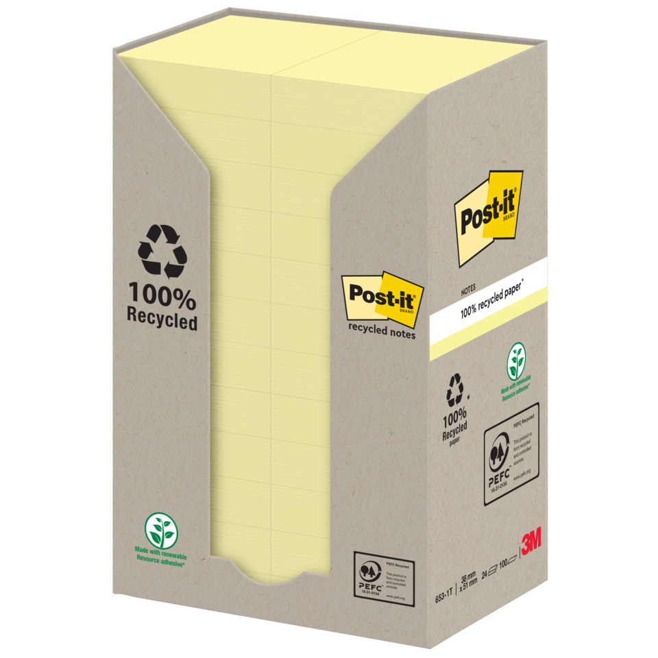 Haftnotiz Recycling Notes, 51 x 38 mm, gelb, 24 x 100 Blatt POST-IT 653-1T Kiste, Karton