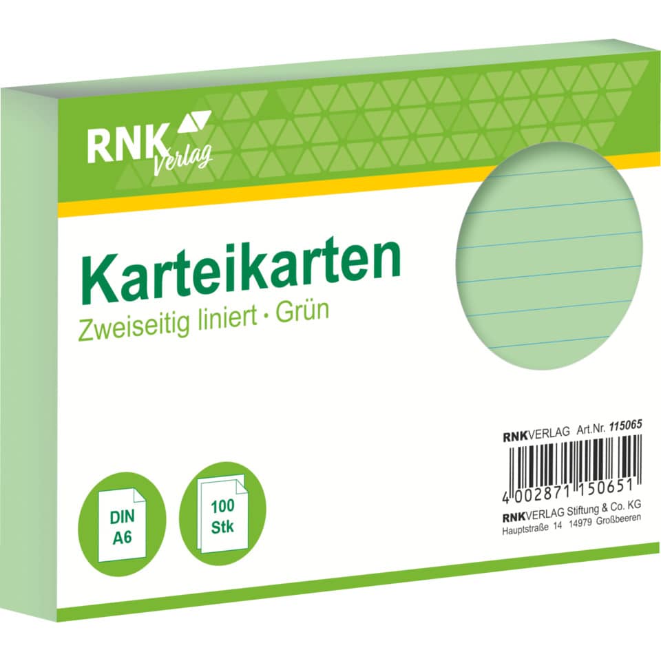Karteikarten, DIN A6, Grün, Linierung, 100 Stk