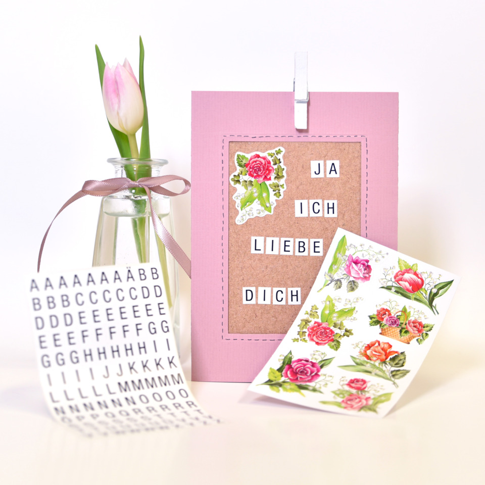 Grußkarte, Rosenmotiv, Papierkarte, Blumenmotiv, Buchstabenaufkleber