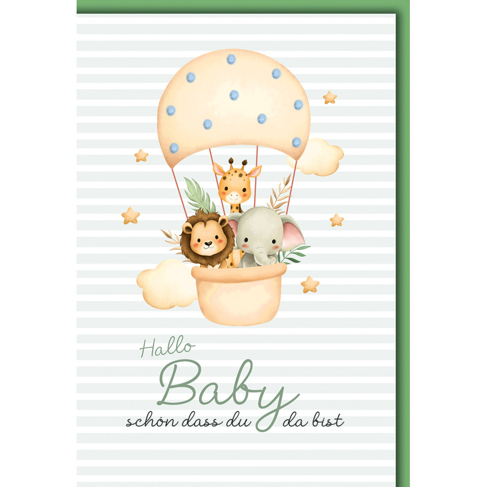 Baby card, Giraffe, Löwe, Elefant, Heißluftballon