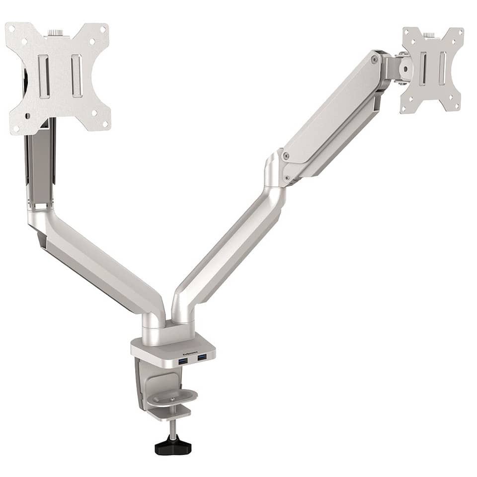 monitor arm, dual articulating arm, metal, silber, montagehalterung