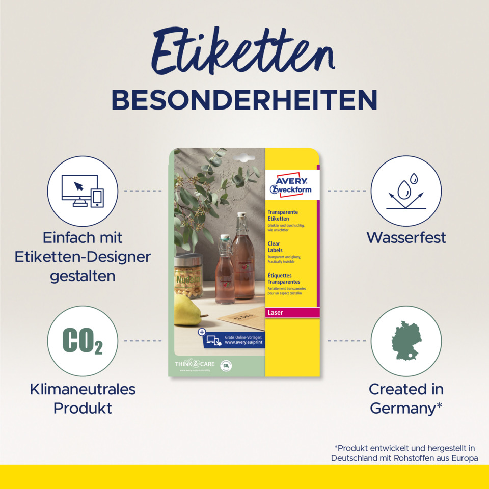 Etiketten, Transparente Etiketten, Laser, CO2, Made in Germany, Etiketten, Transparente Labels, Glasklar, Laser, Deutschland