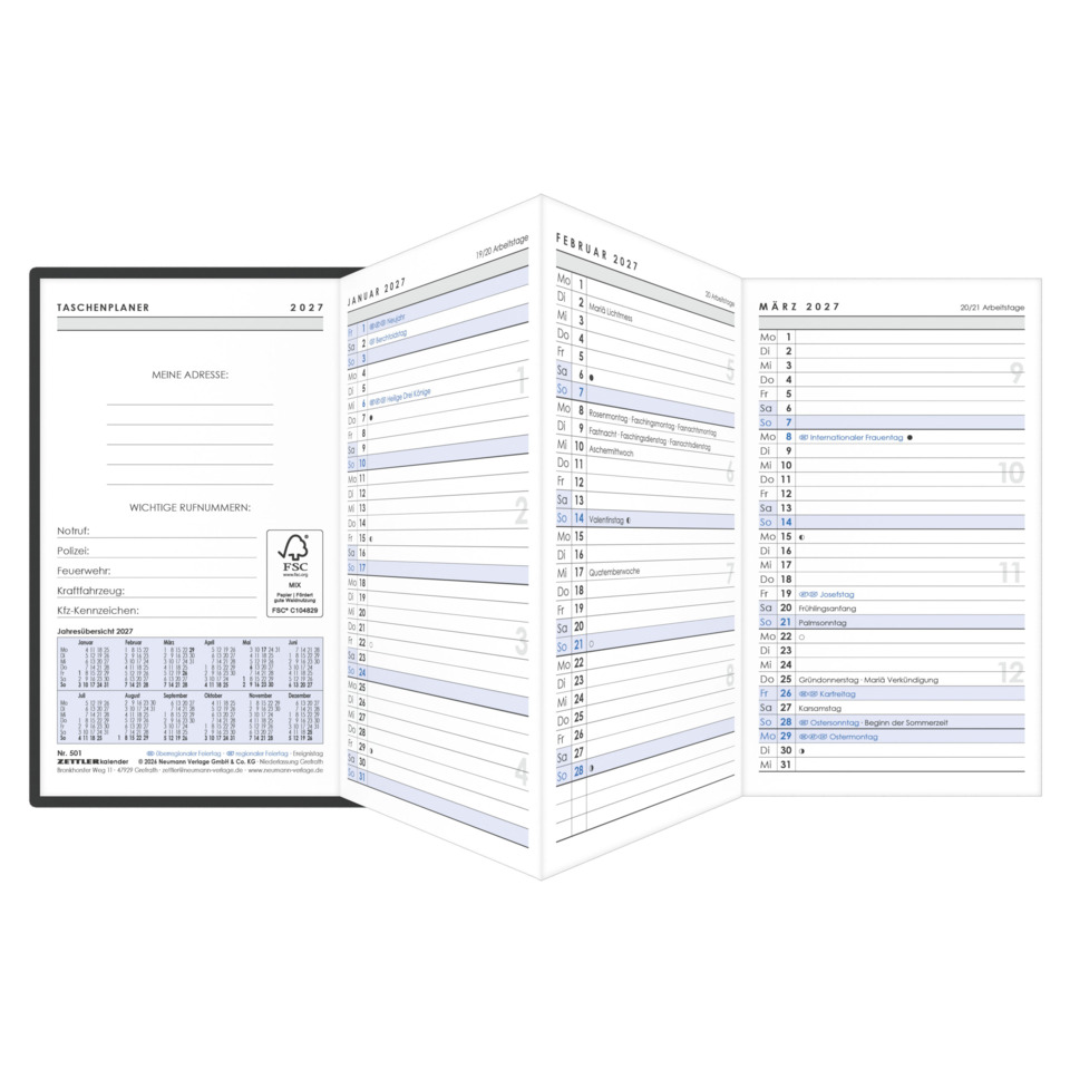 Taschenplaner, Kalender, Notizbuch, Jahreskalender, FSC