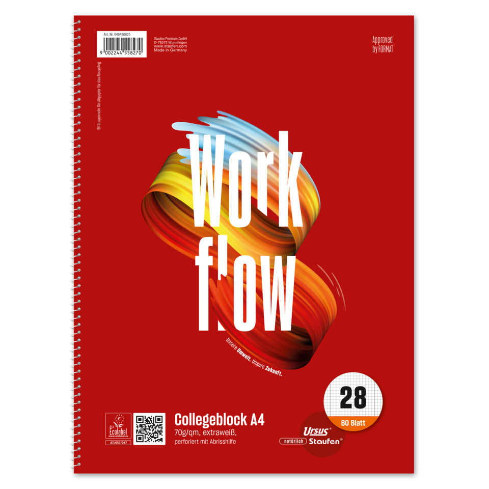 A4 Notizblock, Spirale, Kunstfarben, roter Einband, Collegeblock