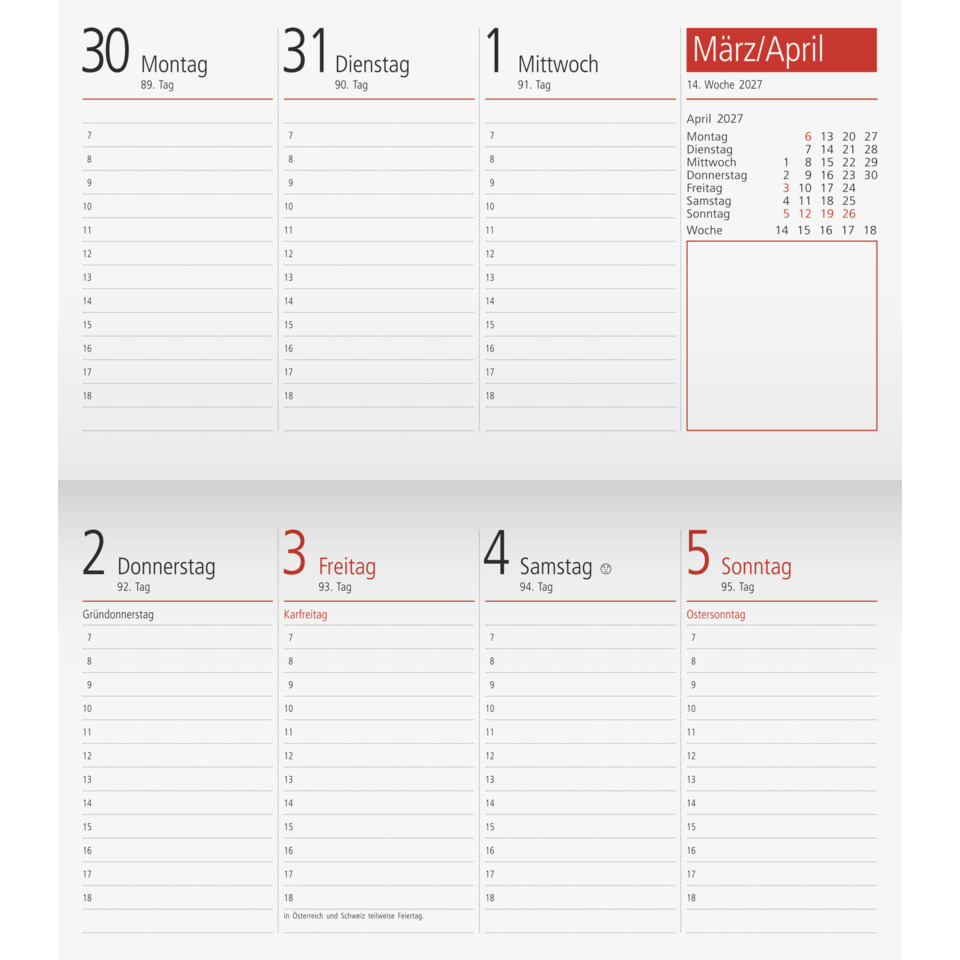 Kalender, Woche-Planer, rote Akzente, weißer Hintergrund, Rasterlayout