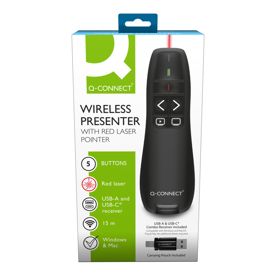 Wireless Presenter, Rotes Laser, 5 Tasten, USB-A Empfänger, Windows & Mac