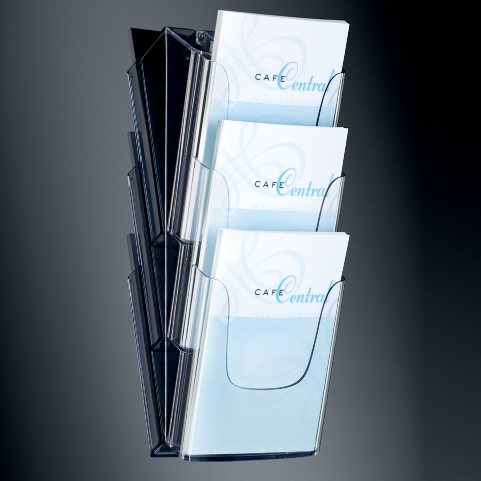 broschürenhalter, Prospektständer, Magazinhalter, klarer Kunststoff, blaue Akzente