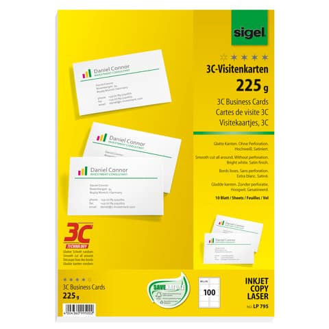 Visitenkarten 3C, A4, 225g/m², 100 Stück, blanko, weiß SIGEL LP795
