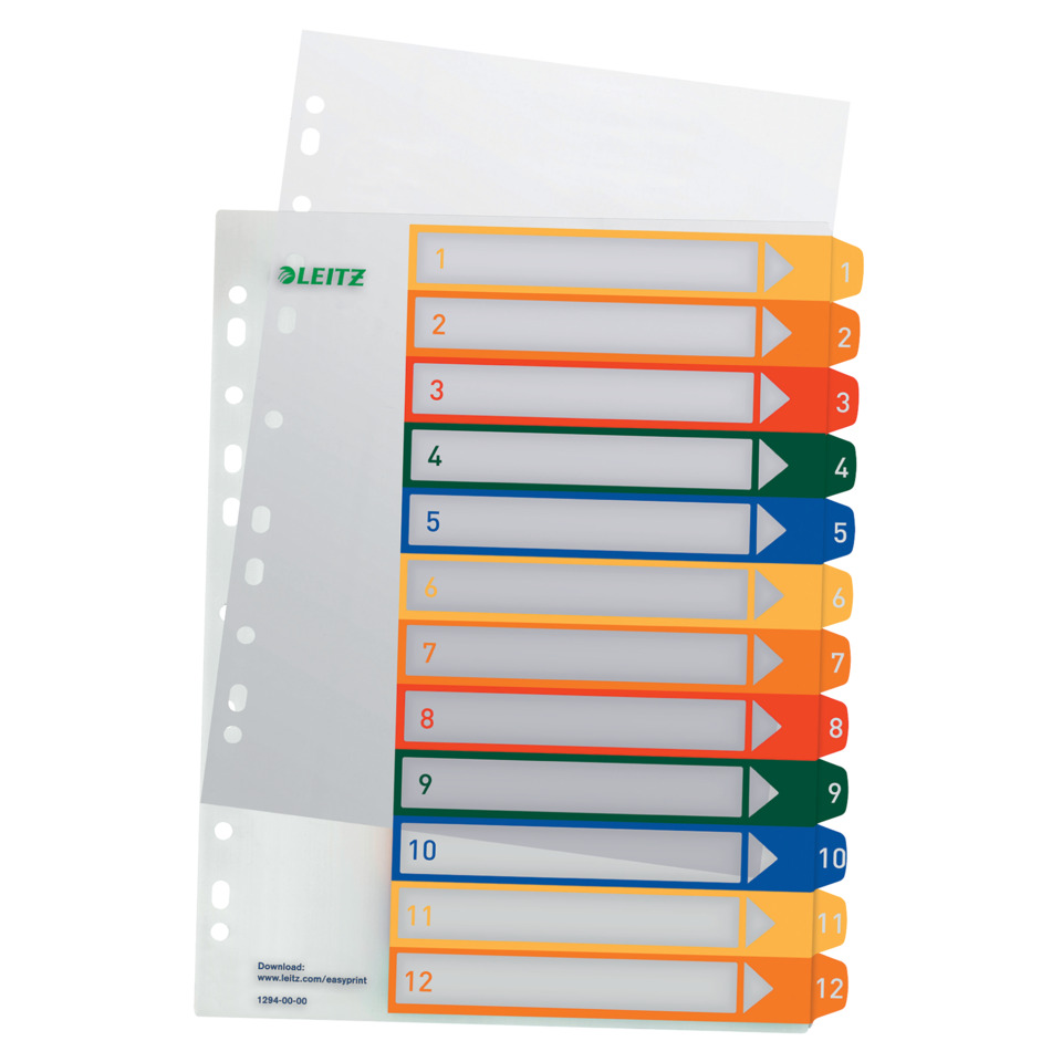 Plastikregister 1-12, bedruckbar, A4, PP, 12 Blatt, farbig LEITZ 1294-00-00 Datei, Dateiordner, Datei, Dateiordner