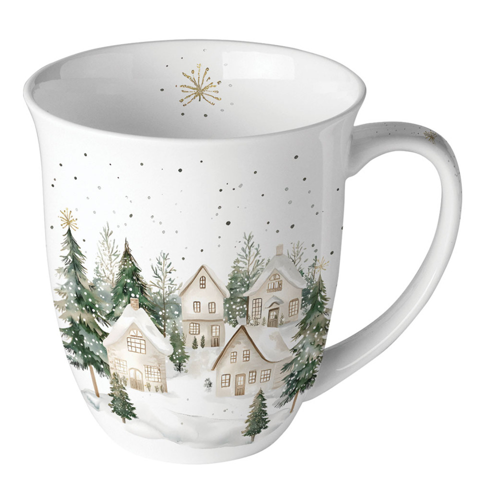 Tasse, Weihnachtsdesign, Winterlandschaft, Häuschen, Nadelbäume