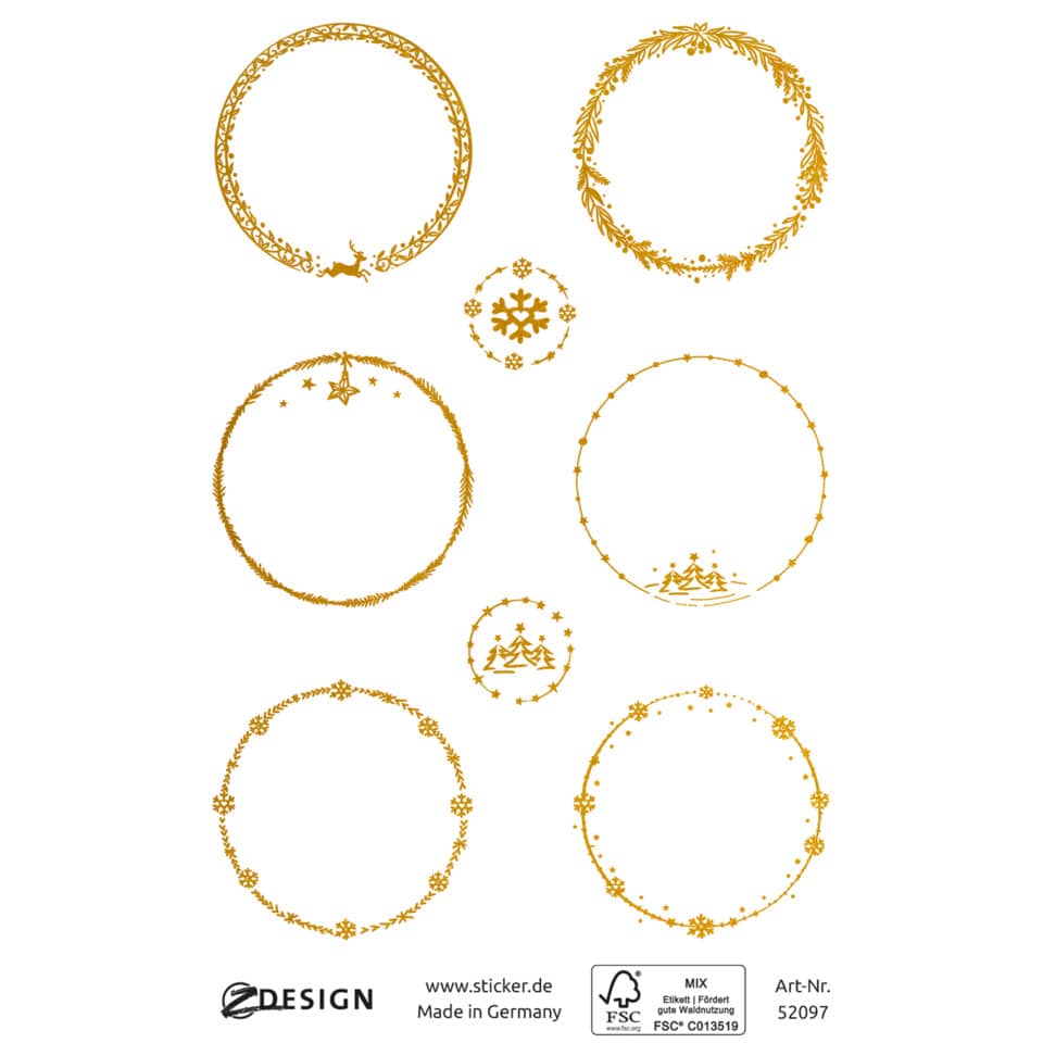halloween sticker, gold circular frame, tree motif, snowflake center, round ornament