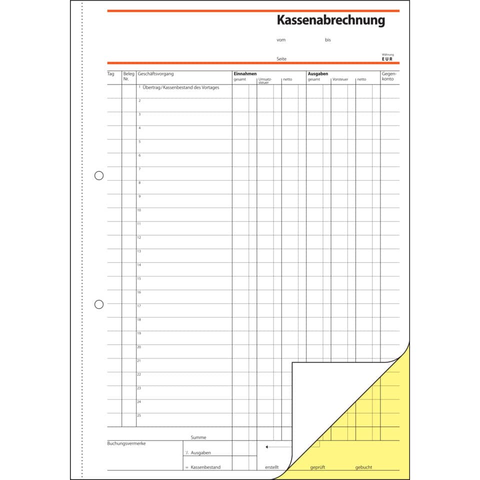 Kassenabrechnung, Beleg, Formular, Kassenbuch, Seitenlayout