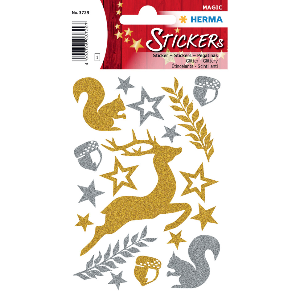 Glitter-Sticker, Tiermotiv, Eichel, Sterne, Blätter