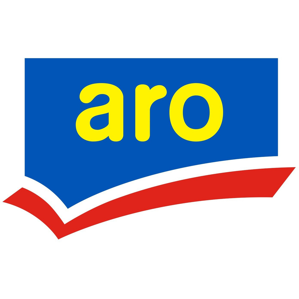 logo, aro, blauer hintergrund, gelber text, roter gebogener streifen, markenlogo